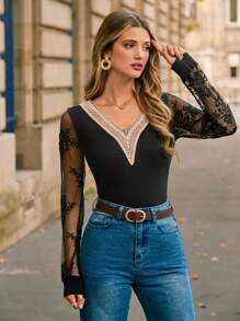 SHEIN Frenchy Contrast Lace V Neck Sweater Winter Black Casual - Black - View 1