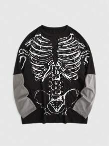 ROMWE Grunge Punk Skeleton Print Colorblock Tee - Black - View 1