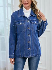 EMERY ROSE Pearls Beaded Flap Detail Denim Jacket - Blue - View 5