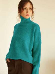 Knit Mix Elegant Women's Turtleneck Oversized Knit Sweater, Suitable For Autumn/Winter, Thick Long Sleeve Pullover, Retro Vintage Style, Suitable For Christmas, New Year, Thanksgiving, Valentine's Day, Back To School, Winter, Autumn - Teal Blue - View 4