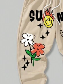 ROMWE MEN Street Life Men Slogan & Floral Print Drawstring Waist Sweatpants - Khaki - View 3