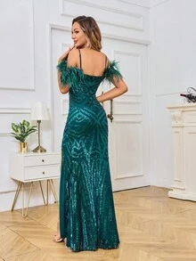 Cold Shoulder Fuzzy Trim Split Thigh Sequin Formal Dress - Green - View 2