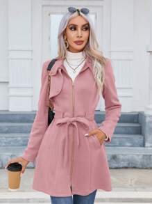 Firerie Women Zip Up Belted Coat In Fall/Winter - Dusty Pink - View 4