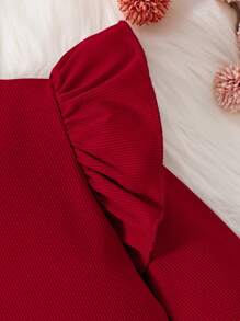 SHEIN 女大童荷葉邊小高領T恤&格紋印花半身裙適用於聖誕 - 酒紅色 - 查看 4