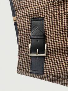 SHEIN MOD In Houndstooth Chi tiết nút buộc Chân Váy xếp ly - Cà phê nâu - Xem 4