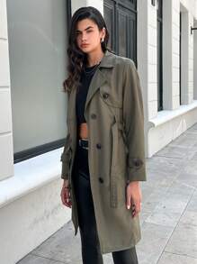 EURMUSE Double Breasted Belted Trench Coat - Green - View 3