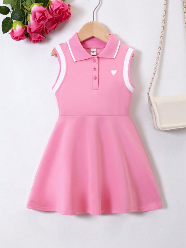 SHEIN Young Girl Heart Print Colorblock Trimmed Collared Polo Neck Princess Dress, Suitable For Party And School In Summer