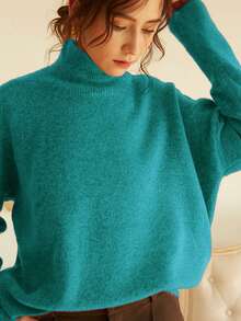 Knit Mix Elegant Women's Turtleneck Oversized Knit Sweater, Suitable For Autumn/Winter, Thick Long Sleeve Pullover, Retro Vintage Style, Suitable For Christmas, New Year, Thanksgiving, Valentine's Day, Back To School, Winter, Autumn - Teal Blue - View 8