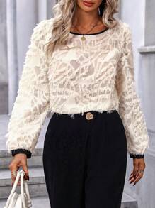 SHEIN LUNE Contrast Binding Fuzzy Blouse - Apricot - View 1