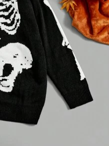 SHEIN Coolane 萬聖節骷髏圖案落肩袖前紐扣開襟衫 - 黑與白 - 查看 4