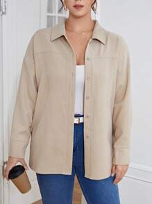 SHEIN Essnce Plus Solid Button Front Drop Shoulder Coat - Beige - View 3