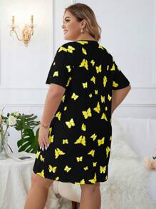Plus Butterfly Print Pajama Nightdress - Black - View 2