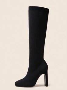 Women' Chunky High Heel Square Toe Knit Elastic Ankle Boots - Black - View 3