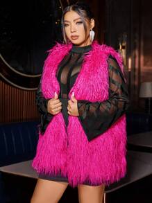 SHEIN BAE 大码女式无袖人造毛皮纯色冬季夹克 - 玫紅色 - 查看 5