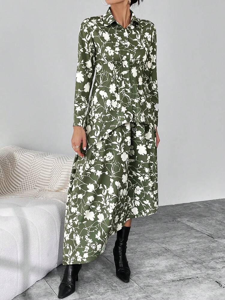 Allover Print Asymmetrical Hem Blouse & Skirt