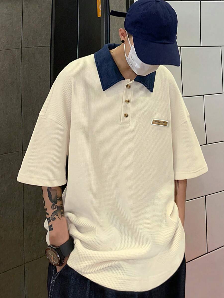 Claim Dot Men Contrast Collar Drop Shoulder Polo Shirt - Apricot - View 1