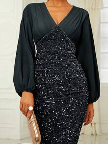 Missord Lantern Sleeve Sequin Formal Dress - Black - View 6