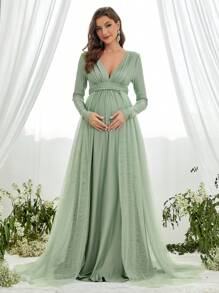 Faeriesty Dressalisa Elegant Maternity Gown With Deep V-Neckline & Long Sleeves - Flowing Tulle Side Panels & Waist-Defining Silhouette For Baby Showers (Formal Events, Wedding Guest Dresses, Church Ceremonies, Luxury Brunch Attire, Maternity Photoshoots)
