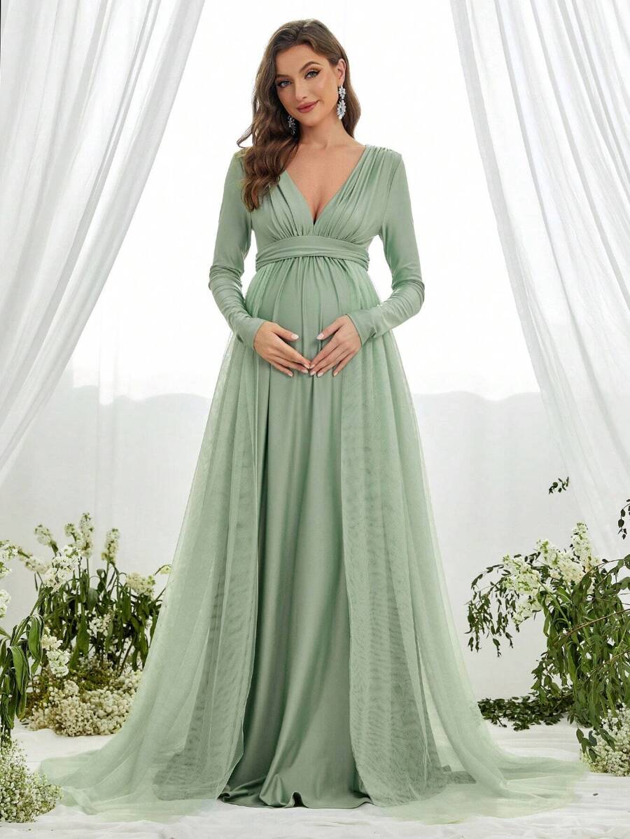 Faeriesty Dressalisa Elegant Maternity Gown With Deep V-Neckline & Long Sleeves - Flowing Tulle Side Panels & Waist-Defining Silhouette For Baby Showers (Formal Events, Wedding Guest Dresses, Church Ceremonies, Luxury Brunch Attire, Maternity Photoshoots)