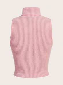 SHEIN Qutie Chất rắn Cổ cao Đồ đan Ribbed Áo ba lỗ - Màu Hồng baby - Xem 2