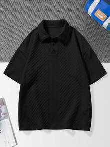 Manfinity Hypemode Men Solid Quarter Button Work Casual Polo Shirt, Boyfriend Gift - Black - View 4