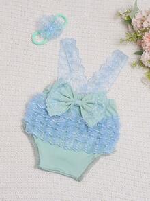 女嬰蕾絲拼接前蝴蝶結連體衣和頭巾拍攝套裝 - 藍色 - 查看 6