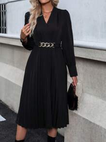 SHEIN LUNE Surplice Neck Pleated Hem Dress Without Belt - Black - View 5