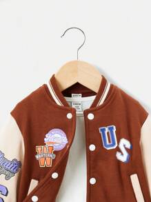 SHEIN Baby Boy Letter Graphic Colorblock Varsity Jacket Without Tee - Brown - View 4
