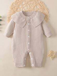 Đứa bé gái Nút phía trước Đồ đan Ribbed Áo liền quần - Màu Khaki - Xem 1