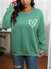 Calvaya Plus Heart Print Drop Shoulder Sweatshirt - Mint Green - View 1