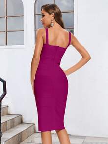 素色吊帶緊身連衣裙 - 中紫紅色 - 查看 2
