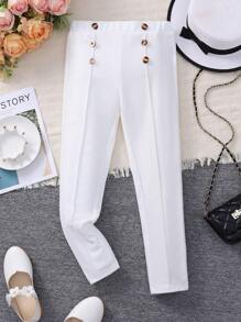 SHEIN Tween Girl Button Detail Seam Detail Pants - White - View 1