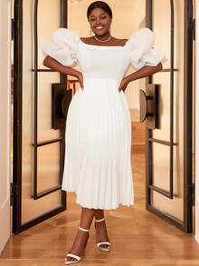 Hơn Off Shoulder Ống tay áo Viền xếp Đầm - trắng - Xem 3