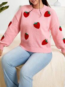 SHEIN Qutie Plus Strawberry Embroidery Drop Shoulder Sweater - Pink - View 6