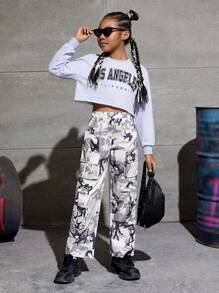 SHEIN 女大童迷彩印花側翻蓋口袋工裝褲 - 彩色 - 查看 5