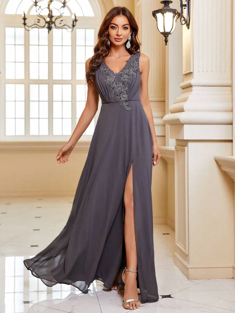 Floral Embroidery V Neck Bridesmaid Dress