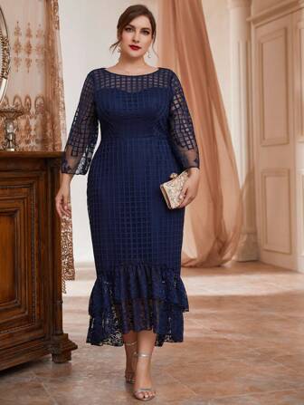 大碼荷葉邊蕾絲正式洋裝