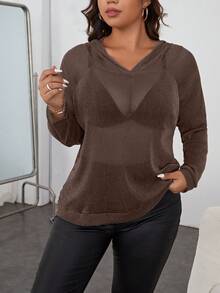 SHEIN Essnce 大碼純色透明連帽運動衫（無胸罩） - 棕色 - 查看 5