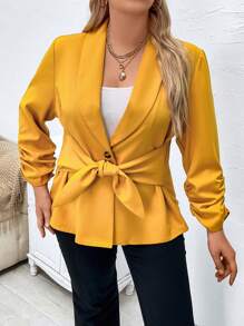 Calvaya 大碼青果領抽褶袖前繫帶西裝外套 - 黃色 - 查看 8