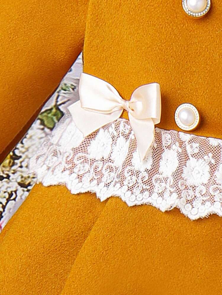 Young Girl 1pc Contrast Lace Trim Double Breasted Overcoat