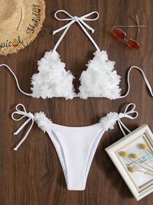 Zestiva Summer Beach Flower Appliques Halter Triangle Bra & Thong Botto2 Piecesce Bathing Suit - White - View 8