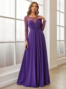 SHEIN Belle Contrast Mesh Chiffon Bridesmaid Dress - Purple - View 4