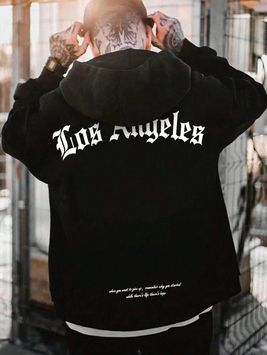 Manfinity EMRG 男士大码標語圖案抽繩連帽衫 - 黑色 - 查看 1