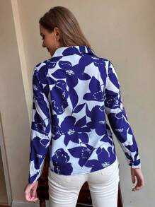 SHEIN LUNE Allover Floral Print Button Through Shirt - Blue and White - View 2