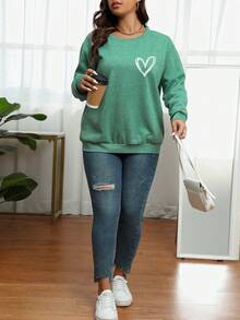 Calvaya Plus Heart Print Drop Shoulder Sweatshirt - Mint Green - View 6