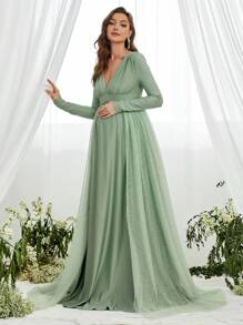 Faeriesty Dressalisa Elegant Maternity Gown With Deep V-Neckline & Long Sleeves - Flowing Tulle Side Panels & Waist-Defining Silhouette For Baby Showers (Formal Events, Wedding Guest Dresses, Church Ceremonies, Luxury Brunch Attire, Maternity Photoshoots)