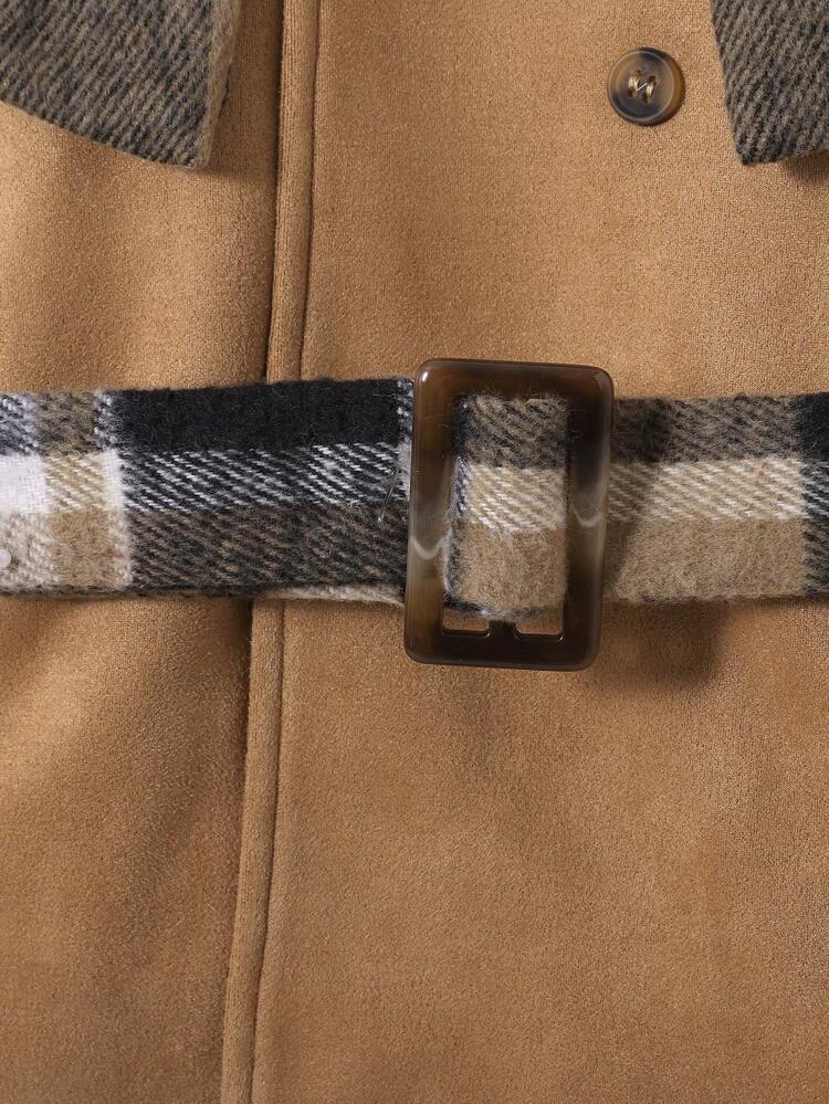 Baby Girl Plaid Print Borg Collar Belted Coat