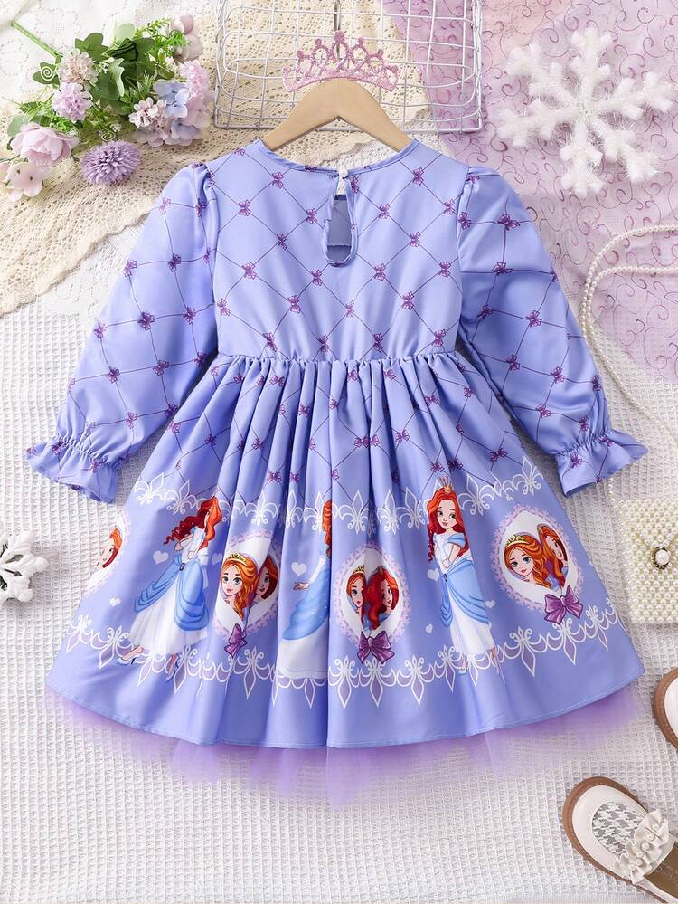 Young Girl Bow & Figure Graphic Flounce Sleeve Dress