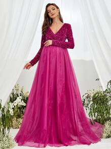 Maternity Sequin Insert Mesh Overlay Maxi Elegant Dress, For Party - Hot Pink - View 7