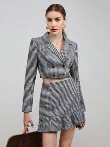 BizChic Houndstooth Print Double Breasted Crop Blazer & Ruffle Hem Skirt - Black and White - View 1